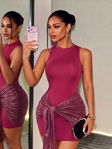 BamGleam Women's Solid Color Stand Collar Waist Tie Slim Fit Sleeveless Dress - Red - View 5