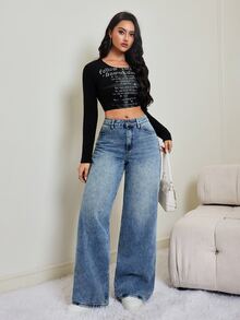 SHEIN Tall CURVE Plus Size Women Casual Loose Fit Denim Jeans With Pockets - Blue - View 4