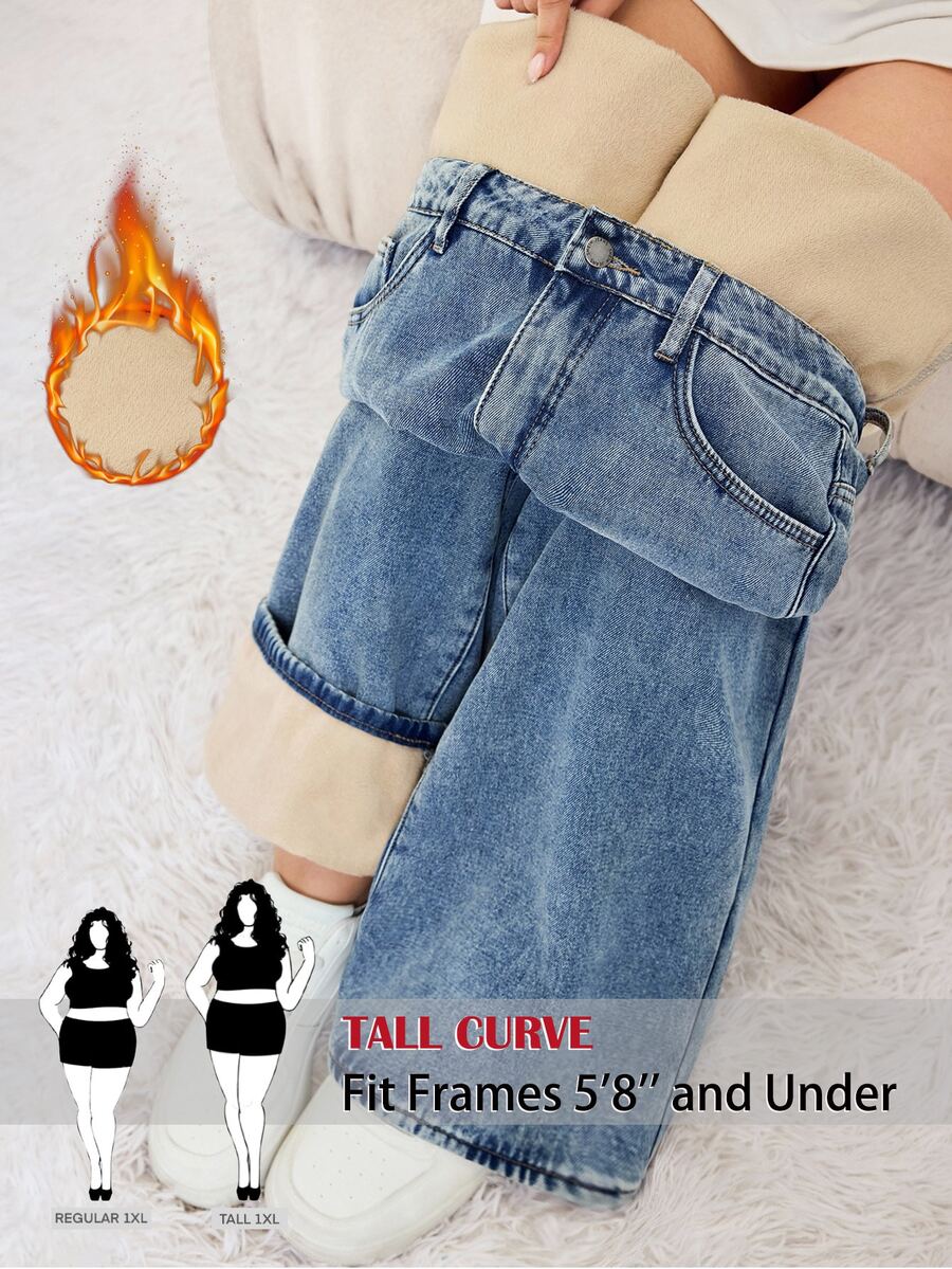 SHEIN Tall CURVE Celana Jeans Denim Longgar Kasual Wanita Ukuran Besar dengan Kantong - Biru - View 1