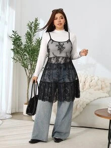 Solflare Plus Size Women's All-Season Layerable Casual Black Lace Cami Dress - Black - View 4