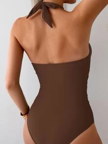 Swim Basics Women's Solid Color Tummy Control V-Neck Halter Tie Swimsuit One-Piece For Beach & Pool - Coffee Brown - View 2