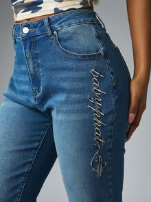 BABYPHAT High Rise Straight Leg Cropped Jeans With Gold Script Embroidery Cat Logo And Cuffed Hem Detail - Medium Wash - View 4
