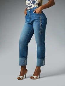 BABYPHAT High Rise Straight Leg Cropped Jeans With Gold Script Embroidery Cat Logo And Cuffed Hem Detail - Medium Wash - View 6