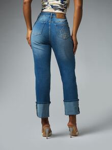 BABYPHAT High Rise Straight Leg Cropped Jeans With Gold Script Embroidery Cat Logo And Cuffed Hem Detail - Medium Wash - View 2