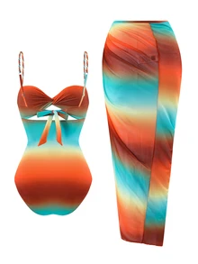 SHEIN Swim 夏季新款女士三件套渐变绳带露脐上衣和系带沙滩裙比基尼套装，适合沙滩派对、女士沙滩装、女士狂欢装、两件套度假装、女士度假连衣裙比基尼套装（含罩衫）、两件套比基尼罩衫连衣裙、女士沙滩装、女士沙滩连衣裙 - 彩色 - 查看 7