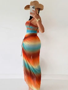 SHEIN Swim 夏季新款女士三件套渐变绳带露脐上衣和系带沙滩裙比基尼套装，适合沙滩派对、女士沙滩装、女士狂欢装、两件套度假装、女士度假连衣裙比基尼套装（含罩衫）、两件套比基尼罩衫连衣裙、女士沙滩装、女士沙滩连衣裙 - 彩色 - 查看 3