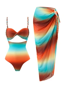 SHEIN Swim 夏季新款女士三件套渐变绳带露脐上衣和系带沙滩裙比基尼套装，适合沙滩派对、女士沙滩装、女士狂欢装、两件套度假装、女士度假连衣裙比基尼套装（含罩衫）、两件套比基尼罩衫连衣裙、女士沙滩装、女士沙滩连衣裙 - 彩色 - 查看 6