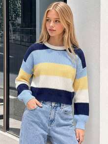 SHEIN Girls' Autumn/Winter Fashion Minimalist Thick Knit Sweater Long Sleeve Top - Blue - View 2