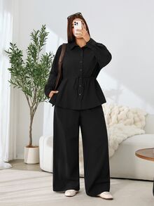 Solflare Plus Size Women Solid Color Long Sleeve Single-Breasted Shirt And Pants Casual 2 Pieces Set - Black - View 4