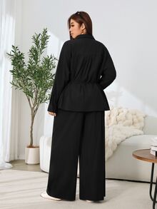 Solflare Plus Size Women Solid Color Long Sleeve Single-Breasted Shirt And Pants Casual 2 Pieces Set - Black - View 2