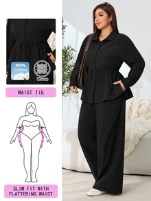 Solflare Plus Size Women Solid Color Long Sleeve Single-Breasted Shirt And Pants Casual 2 Pieces Set - Black - View 1