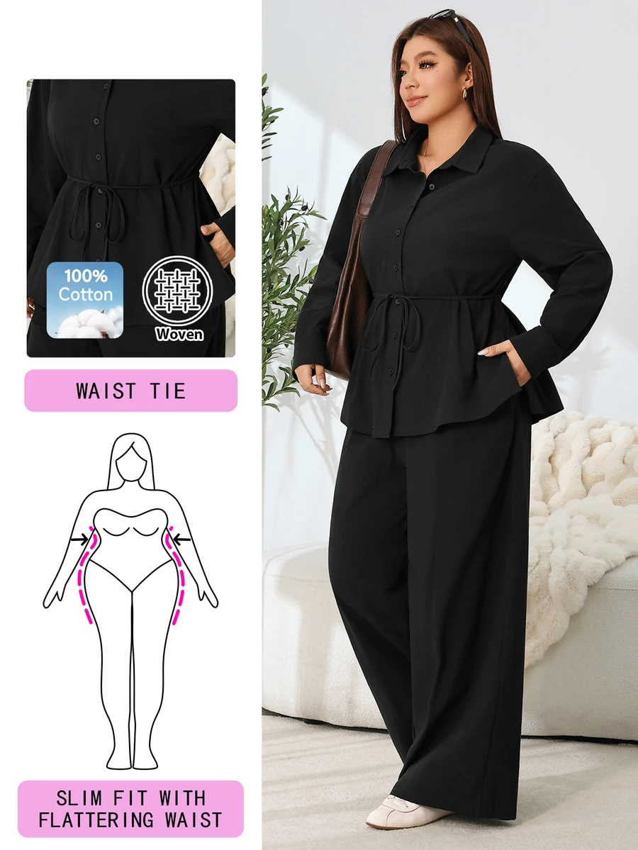 Solflare Plus Size Women Solid Color Long Sleeve Single-Breasted Shirt And Pants Casual 2 Pieces Set - Black - View 1