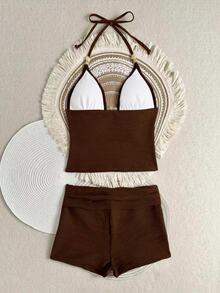 Costavie Women's Solid Color Tankini Set For Beach Vacation - Coffee Brown - View 7