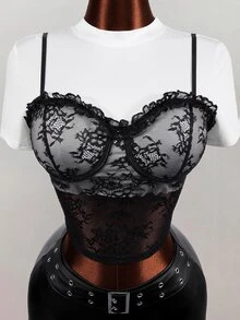 Mistrie Kaos Wanita Lengan Pendek Motif Renda dan Patchwork Seksi Musim Semi/Panas 2026 - Hitam dan Putih - View 6