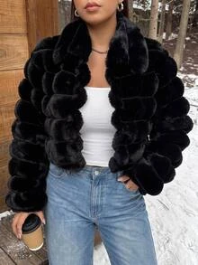 Muchica Plus Size Women's Solid Color Fashion Versatile Winter Faux Fur Coat - Black - View 6