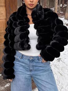 Muchica Plus Size Women's Solid Color Fashion Versatile Winter Faux Fur Coat - Black - View 3