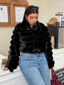 Muchica Plus Size Women's Solid Color Fashion Versatile Winter Faux Fur Coat - Black - View 4