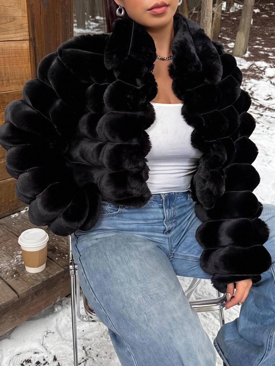 Muchica Plus Size Women's Solid Color Fashion Versatile Winter Faux Fur Coat - Black - View 1