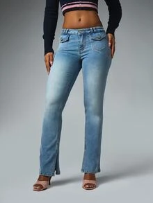 BABYPHAT JEANS DE CINTURA BAJA CON CORTE ACAMPANADO Y DETALLE DE ABERTURA Y BOLSILLO - Azul - Ver 2