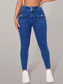 Rivivi Petite Celana Jeans Slim Fit Wanita dengan Dekorasi Saku - Biru - View 3