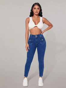 Rivivi Petite Celana Jeans Slim Fit Wanita dengan Dekorasi Saku - Biru - View 5