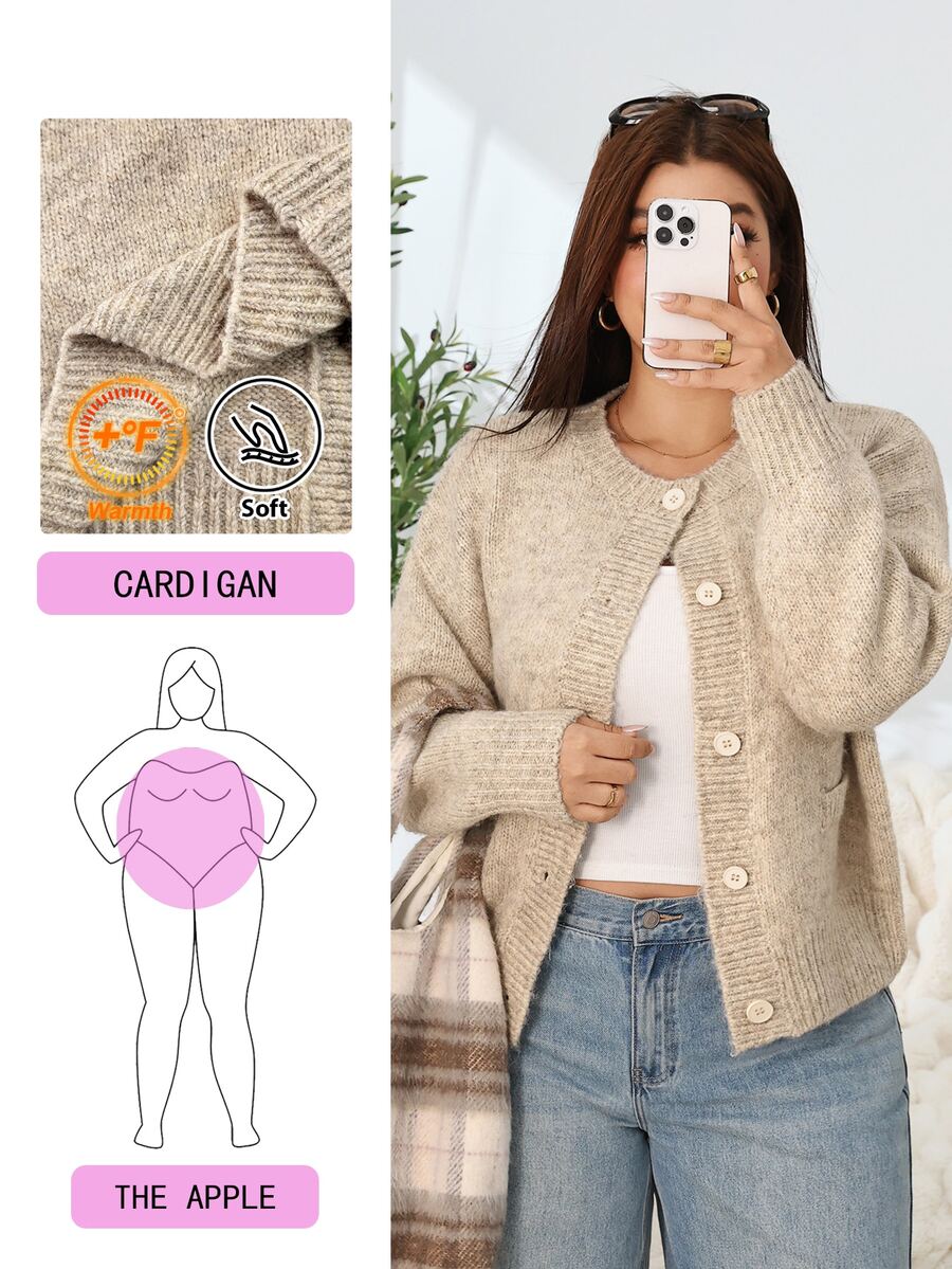 Solflare Cardigan Rajut Lengan Panjang Kancing Bergaya Vintage Ukuran Besar untuk Liburan - Aprikot - View 1