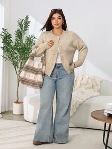 Solflare Cardigan Rajut Lengan Panjang Kancing Bergaya Vintage Ukuran Besar untuk Liburan - Aprikot - View 6