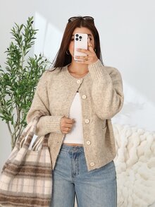 Solflare Plus Size Vintage Button Long Sleeve Knit Cardigan For Vacation - Apricot - View 4