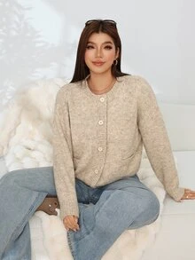 Solflare Plus Size Vintage Button Long Sleeve Knit Cardigan For Vacation - Apricot - View 5