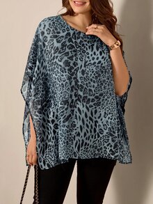 Comfylo Women Plus Size Flowy Chiffon Leopard Print Loose Blouse - Dusty Blue - View 5