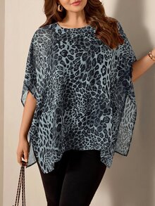 Comfylo Women Plus Size Flowy Chiffon Leopard Print Loose Blouse - Dusty Blue - View 6