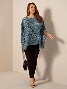Comfylo Women Plus Size Flowy Chiffon Leopard Print Loose Blouse - Dusty Blue - View 3
