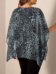 Comfylo Women Plus Size Flowy Chiffon Leopard Print Loose Blouse - Dusty Blue - View 2