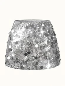 SHEIN Glamour 女款銀色高腰大圓亮片迷你裙 派對夜店萬聖節生日演唱會電音節雞尾酒會迪斯可閃亮新年跨年度假穿搭 - 淺灰色 - 查看 6