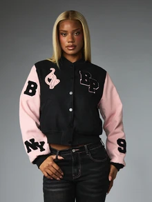 BABYPHAT Cropped Varsity Jacket With Pink Contrast Sleeves Chenille Applique Logo Letterman Style Fall Winter Outerwear - Black - View 5