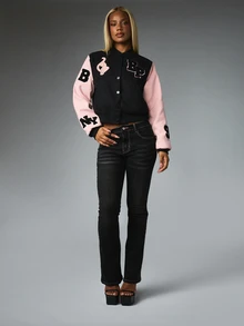 BABYPHAT Cropped Varsity Jacket With Pink Contrast Sleeves Chenille Applique Logo Letterman Style Fall Winter Outerwear - Black - View 3