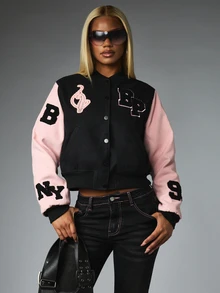 BABYPHAT Cropped Varsity Jacket With Pink Contrast Sleeves Chenille Applique Logo Letterman Style Fall Winter Outerwear - Black - View 2