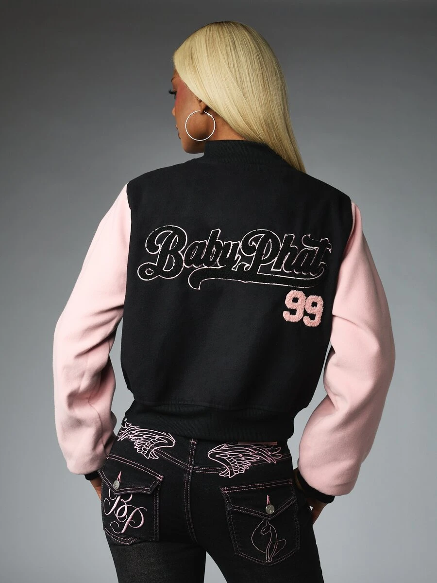 BABYPHAT Cropped Varsity Jacket With Pink Contrast Sleeves Chenille Applique Logo Letterman Style Fall Winter Outerwear - Black - View 1