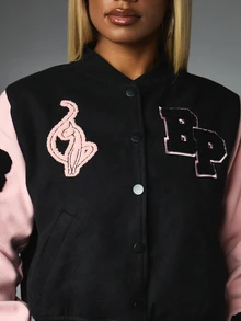 BABYPHAT Cropped Varsity Jacket With Pink Contrast Sleeves Chenille Applique Logo Letterman Style Fall Winter Outerwear - Black - View 4