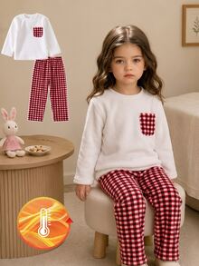 SHEIN Genkimix Kids Girls' Plush Plaid Long Sleeve Top And Pants 2 Pieces Casual Comfortable Soft Loungewear Pajama Set - Red - View 5