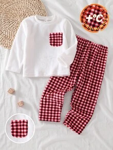 SHEIN Genkimix Kids Girls' Plush Plaid Long Sleeve Top And Pants 2 Pieces Casual Comfortable Soft Loungewear Pajama Set - Red - View 2