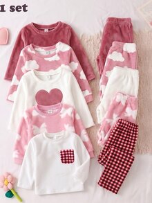 SHEIN Genkimix Kids Girls' Plush Plaid Long Sleeve Top And Pants 2 Pieces Casual Comfortable Soft Loungewear Pajama Set - Red - View 3