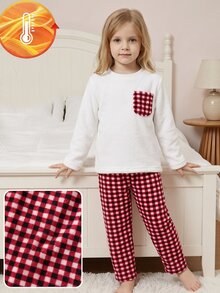 SHEIN Genkimix Kids Girls' Plush Plaid Long Sleeve Top And Pants 2 Pieces Casual Comfortable Soft Loungewear Pajama Set - Red - View 6