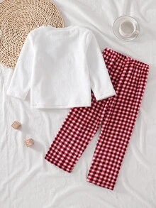 SHEIN Genkimix Kids Girls' Plush Plaid Long Sleeve Top And Pants 2 Pieces Casual Comfortable Soft Loungewear Pajama Set - Red - View 4