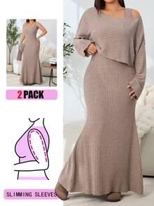 Solflare Plus Size Women's Autumn/Winter Mermaid Tail Dress & Asymmetrical Shoulder Top 2 Pieces Set - Apricot - View 1