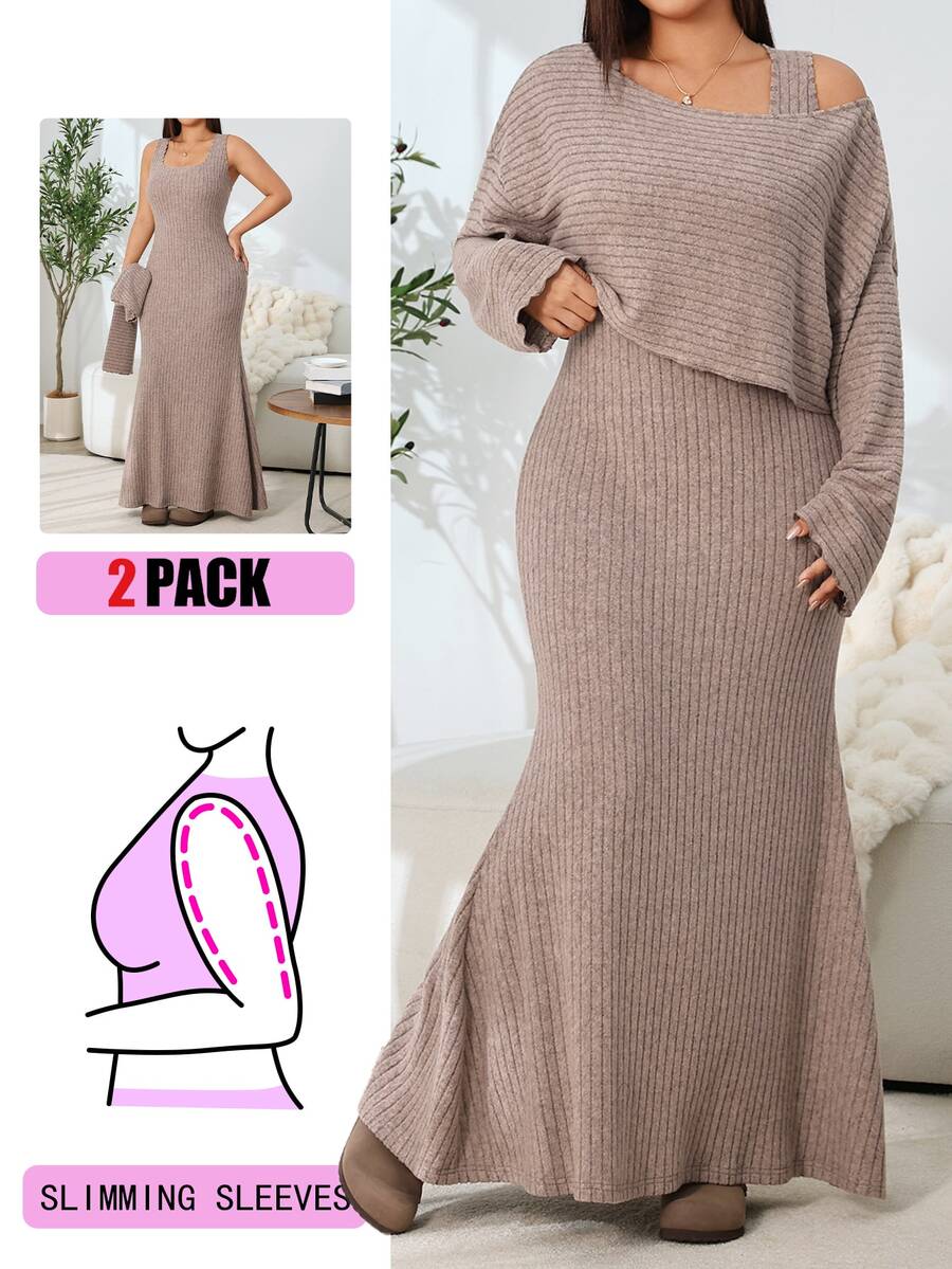 Solflare Plus Size Women's Autumn/Winter Mermaid Tail Dress & Asymmetrical Shoulder Top 2 Pieces Set - Apricot - View 1