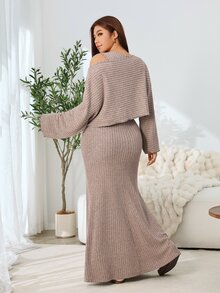 Solflare Plus Size Women's Autumn/Winter Mermaid Tail Dress & Asymmetrical Shoulder Top 2 Pieces Set - Apricot - View 2