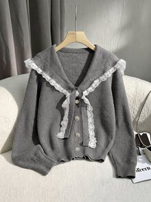GlowEve Cardigan Kerah Pelaut Berenda Kontras dengan Simpul Depan, Cocok untuk Brunch, Pesta Teh, Warna Abu-abu, Musim Gugur, Gaya Prancis Elegan - Grey - View 4