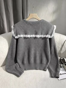 GlowEve Cardigan Kerah Pelaut Berenda Kontras dengan Simpul Depan, Cocok untuk Brunch, Pesta Teh, Warna Abu-abu, Musim Gugur, Gaya Prancis Elegan - Grey - View 2