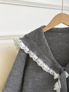 GlowEve Cardigan Kerah Pelaut Berenda Kontras dengan Simpul Depan, Cocok untuk Brunch, Pesta Teh, Warna Abu-abu, Musim Gugur, Gaya Prancis Elegan - Grey - View 7